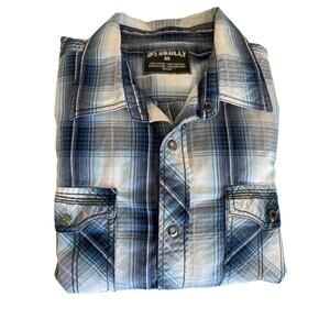 Skully‎ Shirt Mens Medium Blue Plaid Casual Long Sleeve Snap Button Western